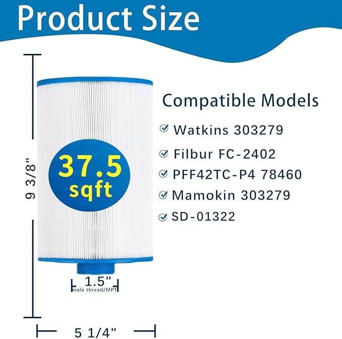 Hot Tub Filter Cartridges, FC-2402 Spa Filter Compatible with Watkins 303279, 78460, Pleatco PFF42TC-P4, Unicel 5CH-37, SD-01322, Hot Tub Filters, 1 1/2" MPT Thread 37.5sq.ft, 2 Pack