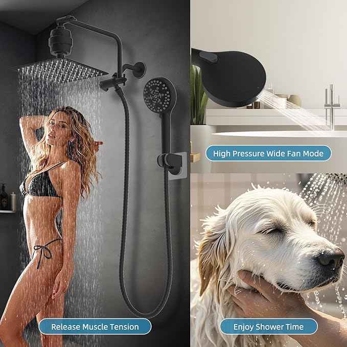 Filtered Shower Head, 10" High Pressure 10-Spray Handheld/Rainfall Shower Head Combo with 20 Stage Shower Filter, 11" Shower Extension Arm, 71" Hose, Shower Head Holder, Matte Black
