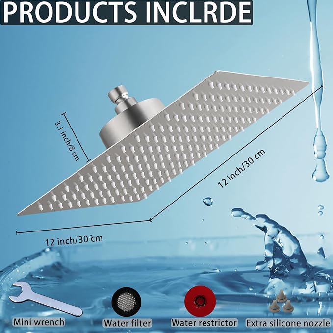 Filtered Shower Head, Stainless Steel High Flow Rainfall Showerhead with 15 Stage Hard Water Filter Cartridge for Remove Chlorine and Harmful Substances(Brushed Nickel,12")