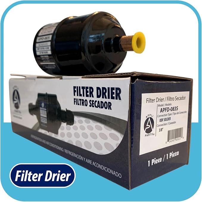 Appli Parts APFD-083S 3/8 in Liquid Line Refrigerant AC Filter Drier hvac Refrigeration 083S ODF Sweat Solder connection universal unidirectional 5-1/2 in long 2 in wide