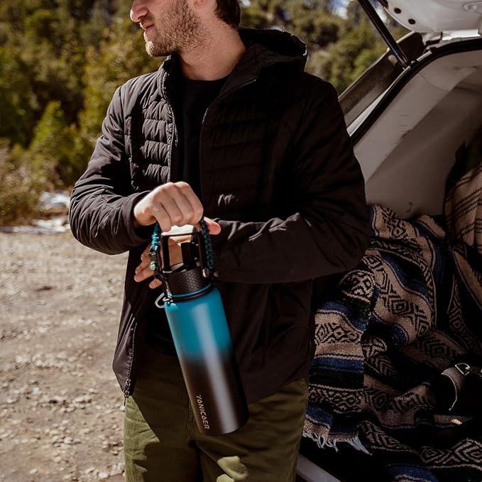 Insulated Water Bottle 40oz,Triple Wall Vacuum Stainless Steel(Dishwasher Safe),Leak Proof & Non-BPA,Flask Jug with Paracord Handle & Straw Spout Lids Sports Navy Blue