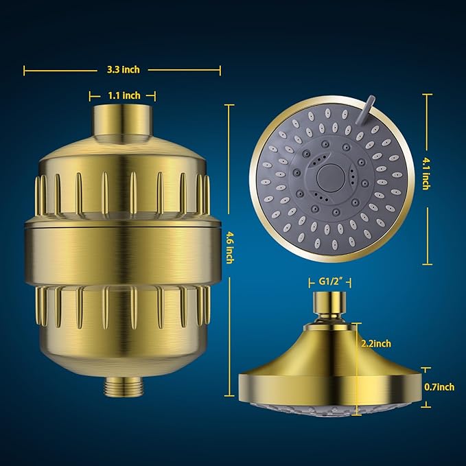 Shower Head and 15 Stage Shower Filter Combo, FEELSO High Pressure 5 Spray Filtered Showerhead with Water Softener Filters for Hard Water Remove Chlorine and Harmful Substances (Golden)