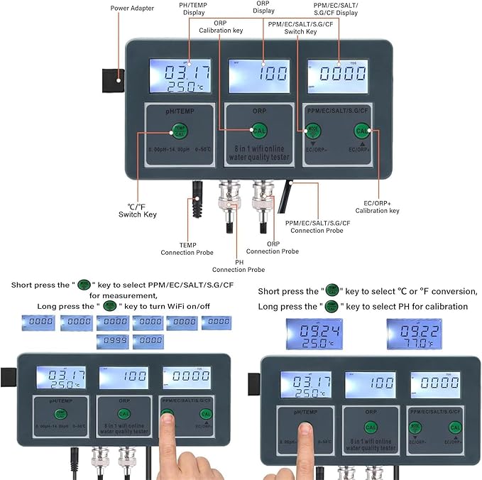 8-in-1 Water Quality Tester, PH/EC/TDS/Salt/S.G/CF/ORP/Temperature Water Quality Monitor, WiFi Smart Wall-Mounted Water Detector for Fish Tank, Aquarium