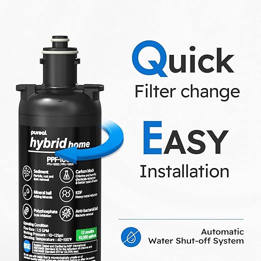 Pureal Hybrid Home PPU-1000D Under Sink Water Filter System with Faucet, 10K Gallons, NSF/ANSI 42&372, Mineral Sediment Carbon Block KDF Polyphosphate Filter for Scale & Lead & Chlorine