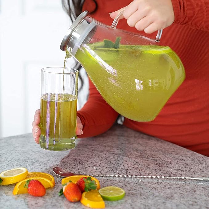 88oz Glass Pitcher with Lid and Handle - High Heat Resistance Glass Water Pitcher for Hot/Cold Water & Iced Tea with Ice Tray (2.6L)