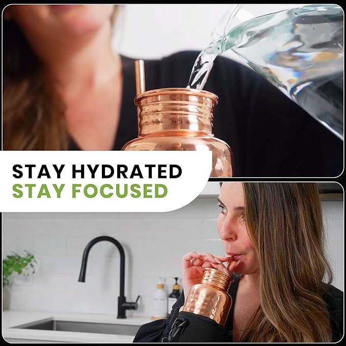 Copper Water Bottle for Drinking - Hammered Pure Copper Tumbler Cup with Leak Proof Lid, Removable Insulating Sleeve & Straw - Handcrafted Ayurvedic Cup for Water 32 fl oz