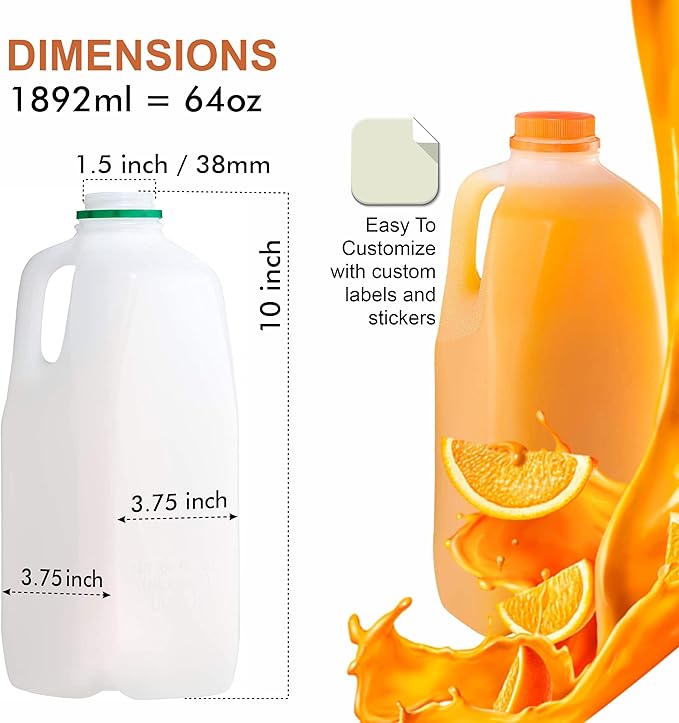EcoQuality Empty Plastic Juice Bottles with Tamper Evident Caps 64 OZ - Half Gallon, Smoothie Bottles - Ideal for Juices, Milk, Smoothies, Picnic's and even Meal Prep Juice Containers (108)