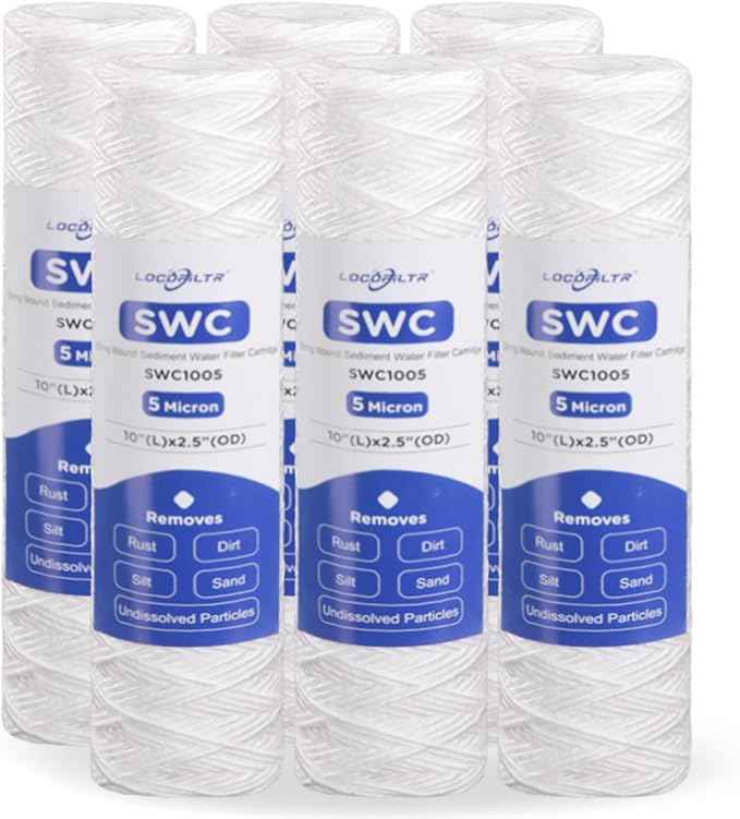 Whole House 5 Micron 10" x 2.5" String Wound Sediment Well Water Filter Cartridge Replacement for W5W, WHKF-WHSW, RS5-DS, RS2-DS, CW-5, SWC-25-1005, HF-150A, WP5, WP-5, SP-CW5 (Pack of 6)