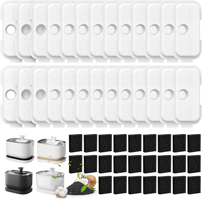 50 Pack PLWF115 Replacement Filters for Dockstream Cat Water Fountain PLWF005 PLWF115 PLWF105, 12 Months Set of Replacement Filters, 25 Filter and 25 Sponges