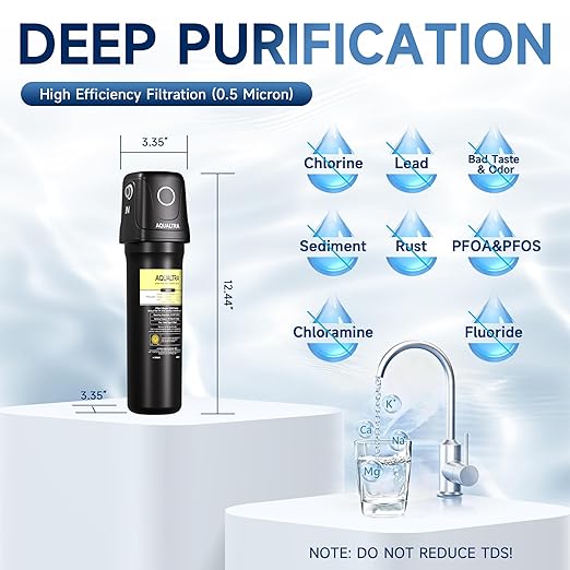 AQUALTRA USF01-BKF Under Sink Water Filter System, 12K Gallons with Faucet, NSF/ANSI 372 Certified, 0.5 μm Carbon Fiber Filter Reduces PFAS, Chlorine, Lead, Chloramine, Fluoride, Bad Taste & Odor
