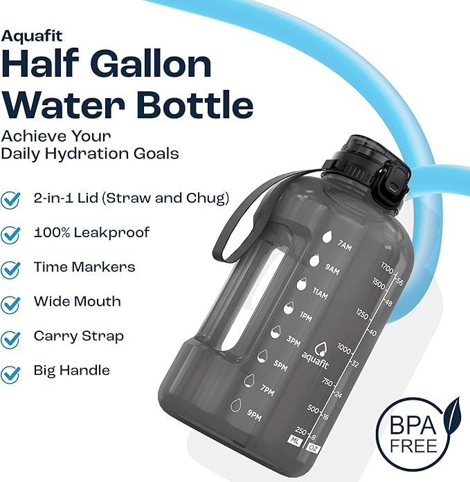 AQUAFIT Half Gallon Water Bottle with Time Marker - Straw & Chug Lid - BPA Free Gym Water Bottle with Straw - Big Gallon Jug (Gray, 64 oz - 2in1 Lid)