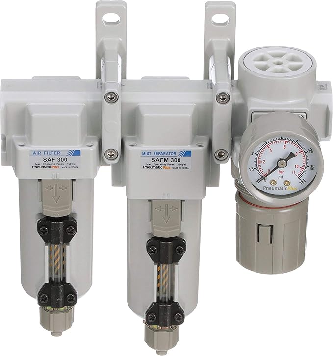 PneumaticPlus SAU330-N03G-MEP Three Stage Compressed Air Drying System - Particulate Air Filter, Coalescing Filter, Air Pressure Regulator Combo 3/8" NPT - Metal Bowl, Manual Drain, Gauge - AquaVibe