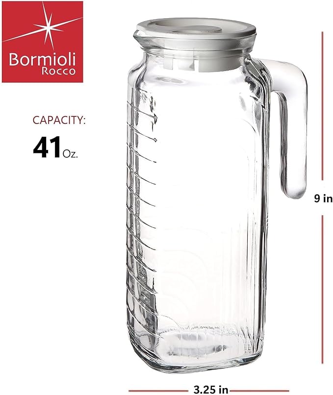 Bormioli Rocco Gelo Glass Jugs with Handle & Spout - Set of 2, 41 Oz. Pitchers for Juice, Water, Milk & Lemonade - Italian Drinkware for Family Dining, Parties, Picnics, BBQs, Outdoor Entertaining