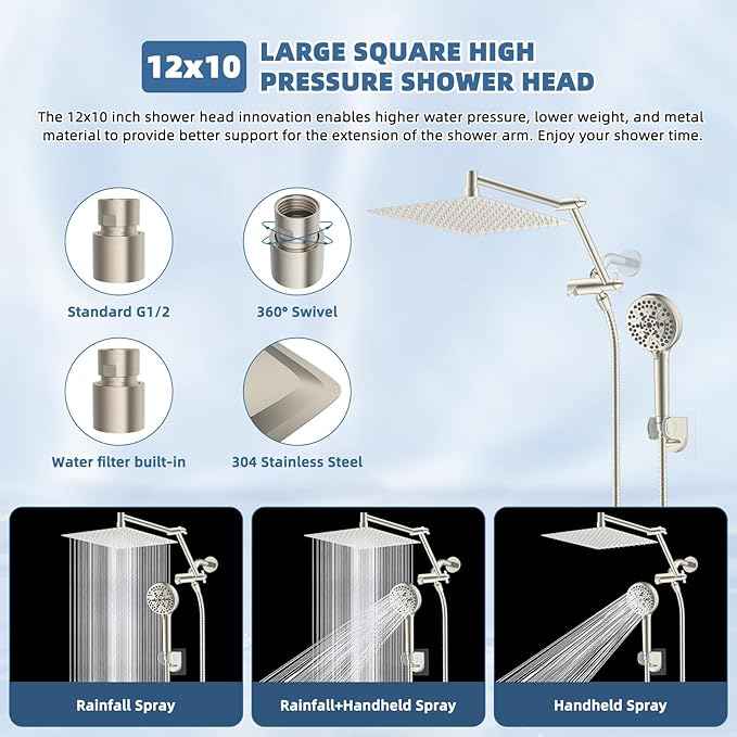 12” All Metal Rain Shower Head, High Pressure Rainfall Shower Head with Handheld Showerhead, 5“ Handheld Spray Powerful Clean 10-Mode, 16" Stainless Steel Adjustable Extension Arm, Brushed Nickel