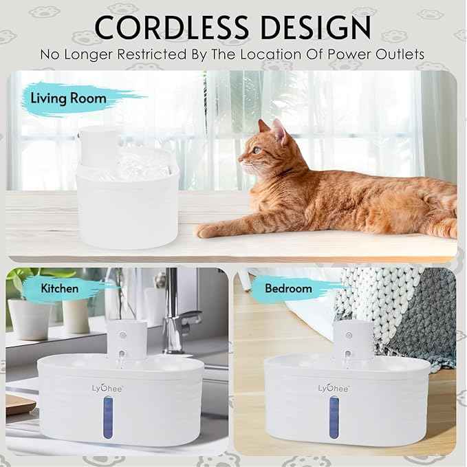 Lychee Wireless Cat Water Fountain, Silent Pump Pet Fountain with Motion Sensor,2.5L/84oz Battery Powered Water Dispenser with 4 Filter, Electricity Separated Design, Easy to Clean