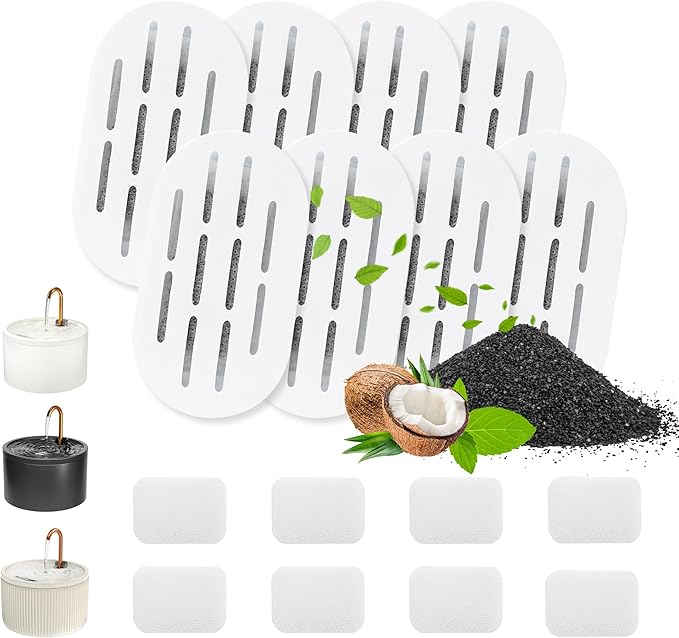 Ceramic Cat Water Fountain Filters, 8 Pack Replacement Filters & 8 Pack Replacement Pre-Filter Sponges Set for MISFANS and Other Ceramic Pet Fountain Water Dispenser