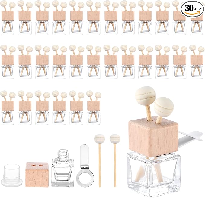 30 Pack Car Diffuser Air Freshener Bottle Empty Car Essential Oil Diffuser Auto Glass Perfume Diffuser Bottle with Vent Clip Wooden Caps Stick Fragrance Ornament
