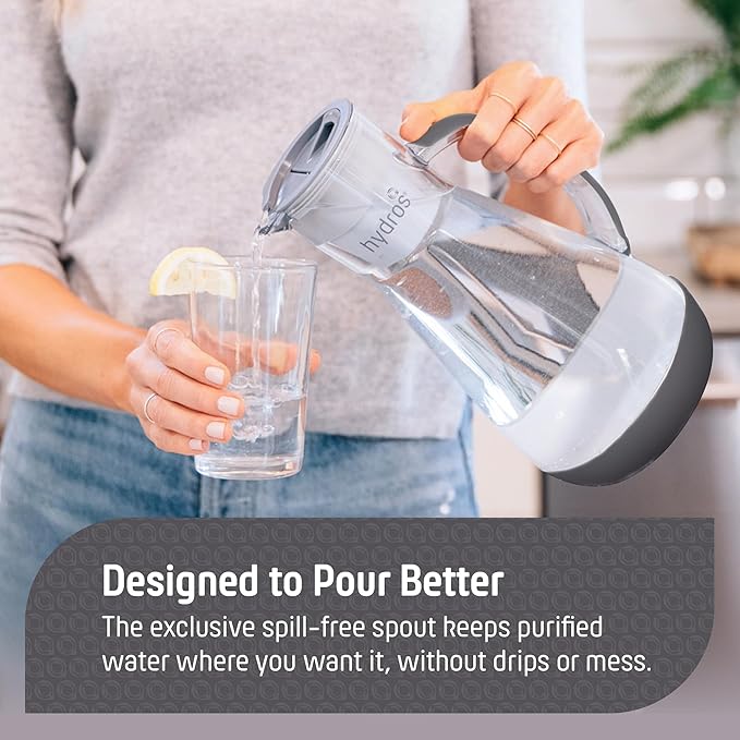 Hydros 64 Ounce Water Filter Pitcher with Patented Fast Flo Tech, 60 Second Quick Fill-Up and BPA-Free Recyclable Filter, Eight Cup Capacity, Grey
