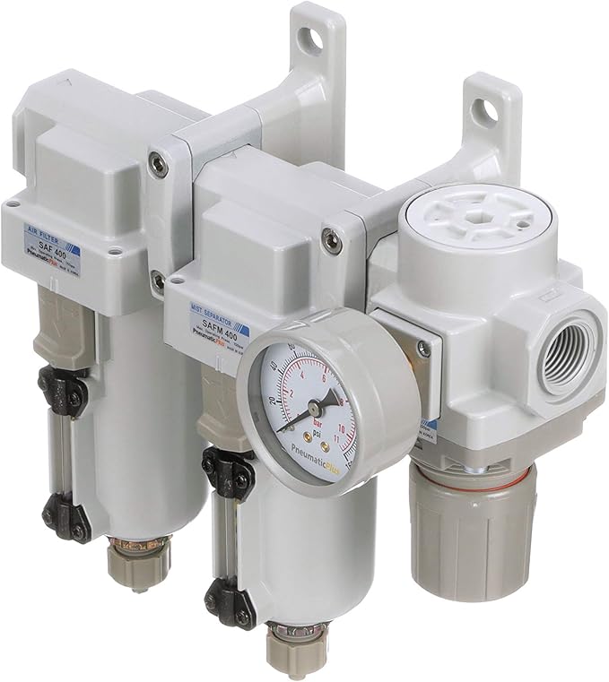 PneumaticPlus SAU430-N06G-MEP Three Stage Air Drying System Particulate Air Filter, Coalescing Filter, Air Pressure Regulator Combo 3/4" NPT - Metal Bowl, Manual Drain, Bracket, Gauge - AquaVibe