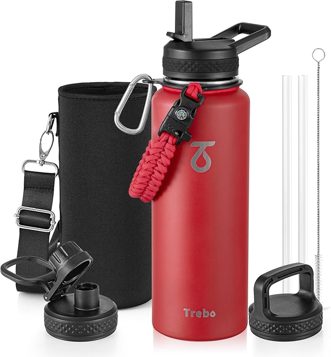 Trebo Water Bottle 40oz with Paracord Handle, Half Gallon Large Vacuum Double Wall Stainless Steel Insulated Water Jug with Holder Strap Straw Spout Lids, Leakproof Keep Cold & Hot, Red
