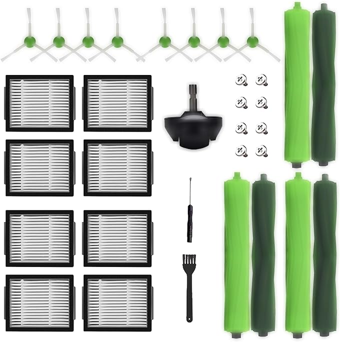 Replacement Parts accessories for Roomba i1+ i7 i7+ i3+ i4+ i6+ i8+/PlusJ7+ E5 E6 E7 I E& J Series Vacuum,3 set Roller Brushes,8 Filters, 8 Side Brushes,1 Caster Wheel (Plastic) - AquaVibe