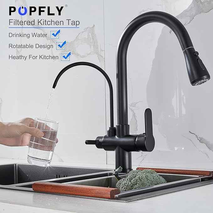POPFLY Modern Kitchen Faucet with Drinking Water Faucet, 2 Handle 3 in 1 Water Filter Purifier Faucet with Pull Down Sprayer, Brass Body, Black