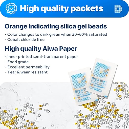 Dry & Dry 2 Gram [50 Packets] Orange Indicating Silica Gel Packets Desiccants - Food Safe Silica Packs, Silica Gel, Silica Packets, Desiccant Packs for Food Storage
