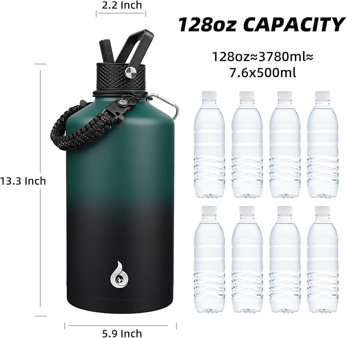 BJPKPK 1 Gallon Water Bottle with Straw Lid, 128oz Large, Stainless Steel Water Bottles with 3 Lids and Paracord Strap, Double Wall Vacuum Metal Water Jug, Army Green & Black
