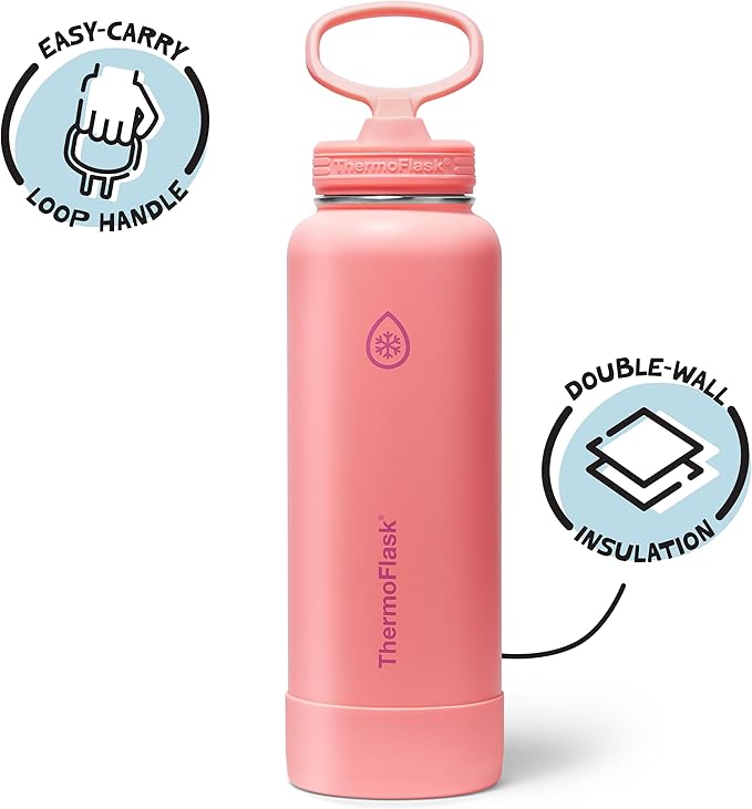 ThermoFlask 40 oz Double Wall Vacuum Insulated Stainless Steel Water Bottle with Straw Lid, Sunkissed Coral