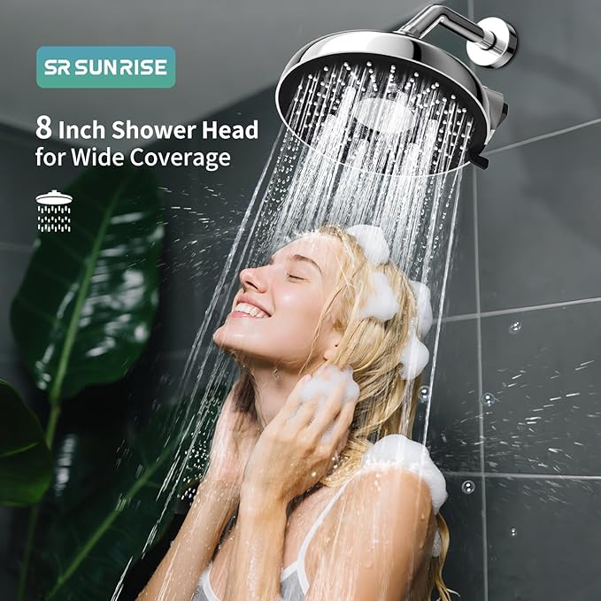 SR SUN RISE High Pressure Filtered Shower Head with Filters, 8-Inch Fixed Showerhead with 2 Quick- Change Shower Filter Replacement Cartridges, 18-stage Hard Water Softner Removes Chlorine, Chrome