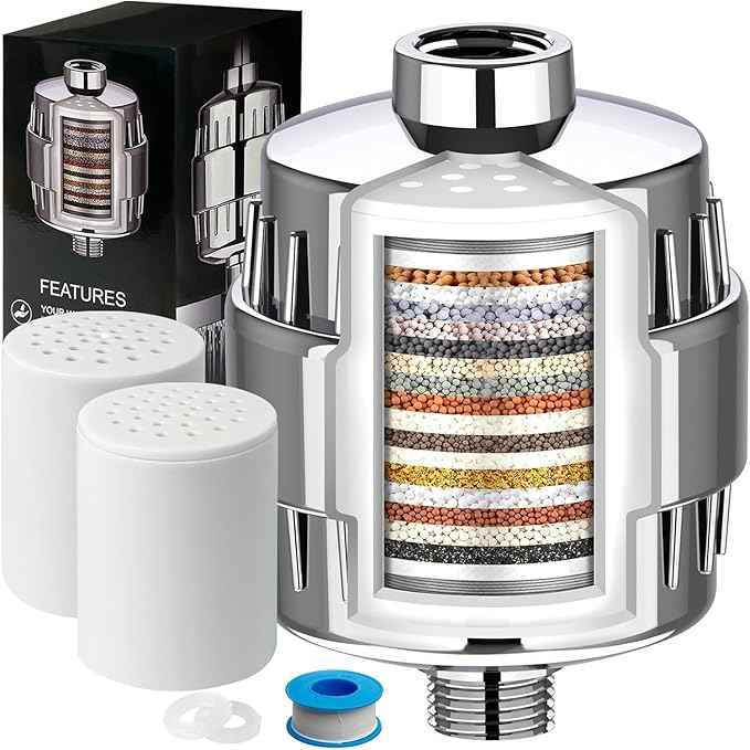 Shower Filter, 15 Stage Shower Head Filter for Hard Water with 2 Cartridges, High Output Shower Water Filter to Remove Chlorine, Fluoride and Other Impurities, Improves Skin Condition, Protects Hair