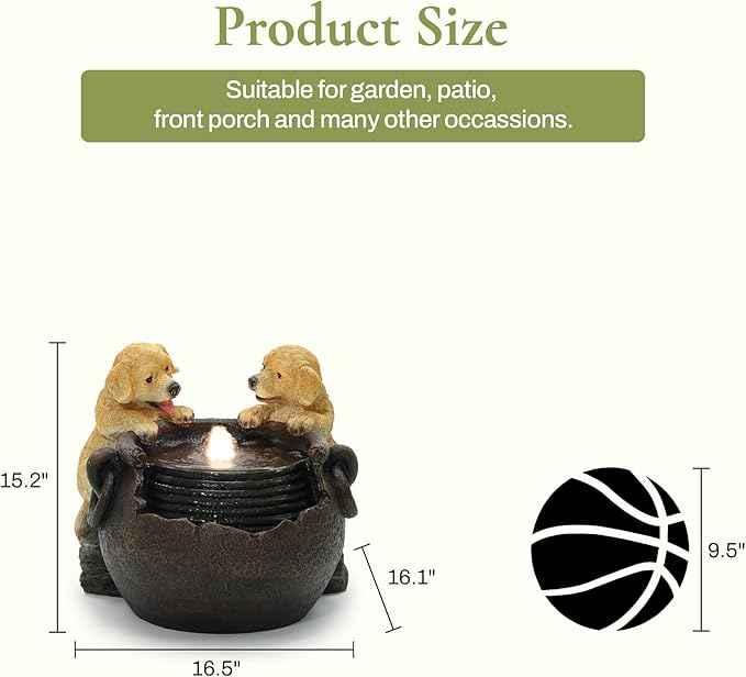 LuxenHome Outdoor Water Fountain, 16 Inch Adorable Puppies Resin Water Fountains Indoor with LED Lights, Farmhouse Waterfall Outdoor, Indoor Fountains and Waterfalls for Patio, Garden Decor