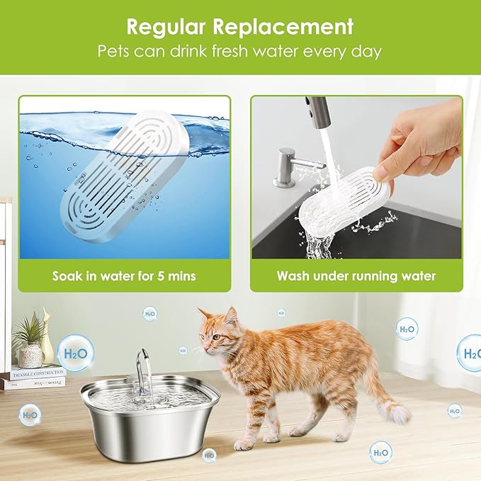 Cat Water Fountain Filters, 9 Pack Replacement Filters & Replacement Pre-Filter Sponges for Stainless Steel Pet Fountain with Water Level Window, Fountain Carbon Filters for Dog Water Dispenser Bowl