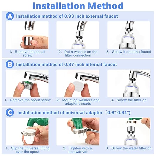 13 PCS Sink Water Filter Faucet Set, Universal 360 ° Rotating Kitchen Faucet Water Purifier, Bathroom Faucet Filter Removes Chlorine Fluoride Hard Water for Home Kitchen & Bathroom