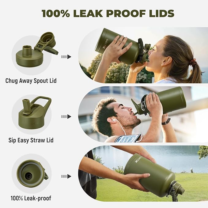 COKTIK 84oz Insulated Water Bottle - Stainless Steel Vacuum Metal, Portable ½ Gallon Large-Capacity Sports Bottle with Straw, Carry Bag and Handle Strap, Ideal for Gym & Hiking（Army Green)