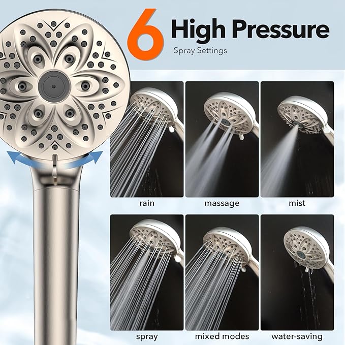 6-Setting Filtered Handheld Shower Head, JDO High Pressure Shower Head with Replaceable Filter Cartridge 4.7 Inch Detachable Showerhead for Chlorine Hard Water Removal 59 Inch Stainless Steel Hose