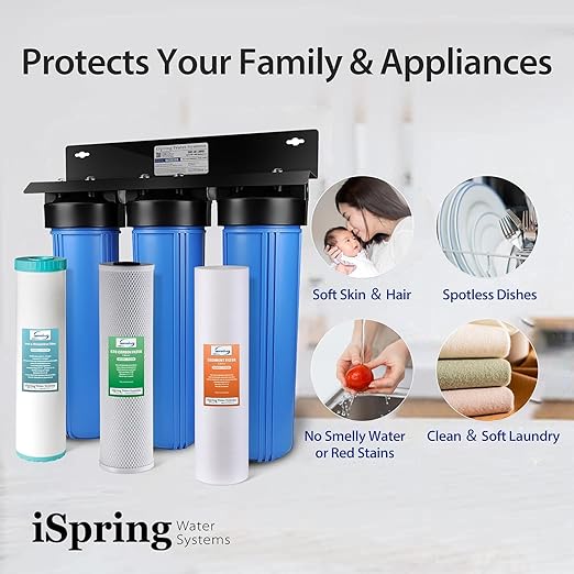iSpring WGB32BM 3-Stage Whole House Water Filtration System (w/ 20” x 4.5” Sediment, Carbon, and Iron & Manganese Reducing Filters) w/ 3/4'' Push-Fit Braided Stainless Steel Hose Connectors