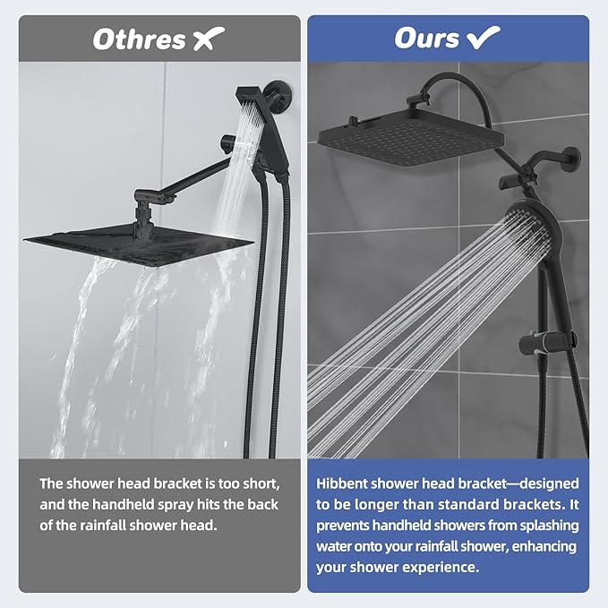Hibbent Upgraded cUPC Certified 13'' Shower Head Combo, High Pressure 5 Spray Rainfall Showerhead with 10 Sprays Handheld, All Metal 3-way Diverter Shower Arm, 71'' Hose and Holder, Matte Black