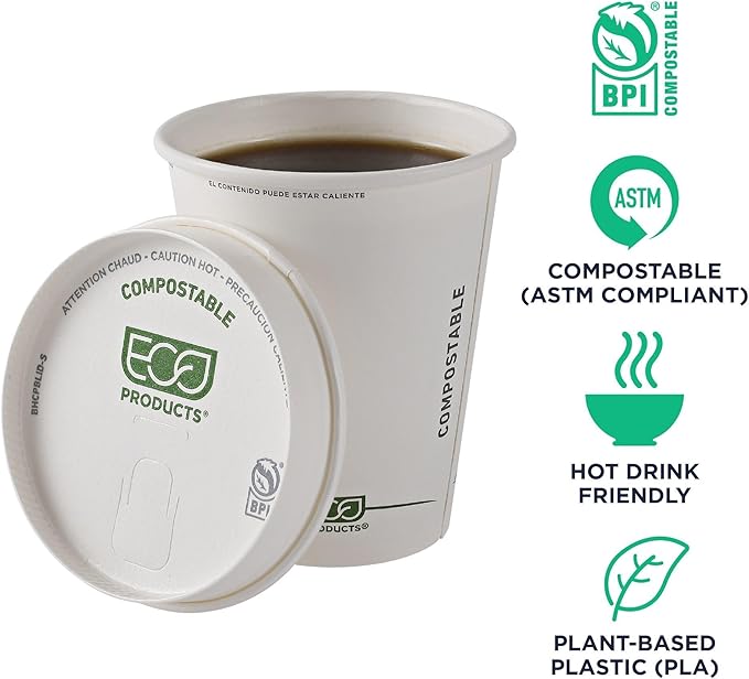 Eco-Products Compostable Paper Coffee Cup Lids, Case of 1000, White GreenStripe Tops, Fits 8oz Hot Cups, Lined With PLA, A Renewable Material Made from Plants, ASTM, BPI-Certified