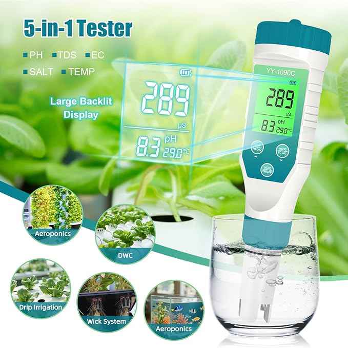 PH Meter for hydroponics & Spa Salt Tester – 5‑in‑1 pH, Salinity, TDS, EC & Temp Meter with 12.88 mS/cm Calibration – Saltwater Pool, Hot Tub & Aquarium Water Quality Monitor
