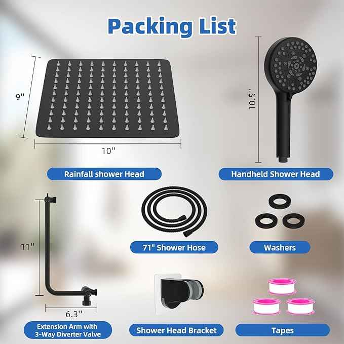 All Metal Black Shower Head, 10" High Pressure Rainfall/Handheld Shower Combo with 11" Extension Arm, 10-Spray Handheld Showerhead, 71" Long Hose, 3-Way Diverter Valve, Matte Black