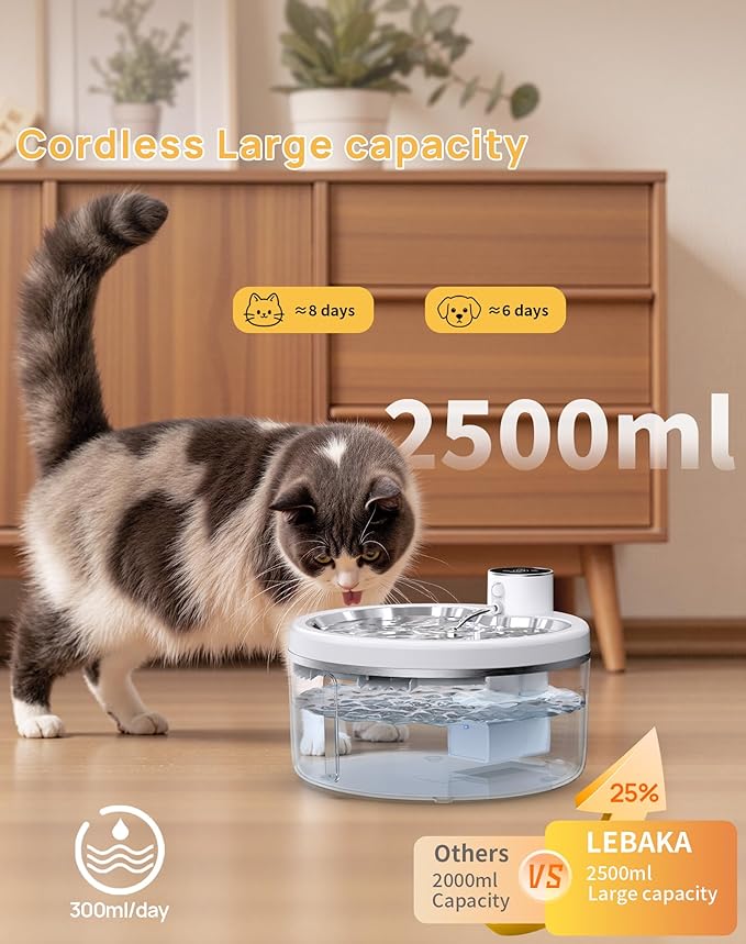 Wireless Cat Water Fountain with Stainless Steel Tray, 84oz/2.5L Pet Water Fountain for Cats Inside, Cat Fountain for Drinking with Motion Sensor, Ultra Quiet Pump for Pets& Small Animals (2Filters)