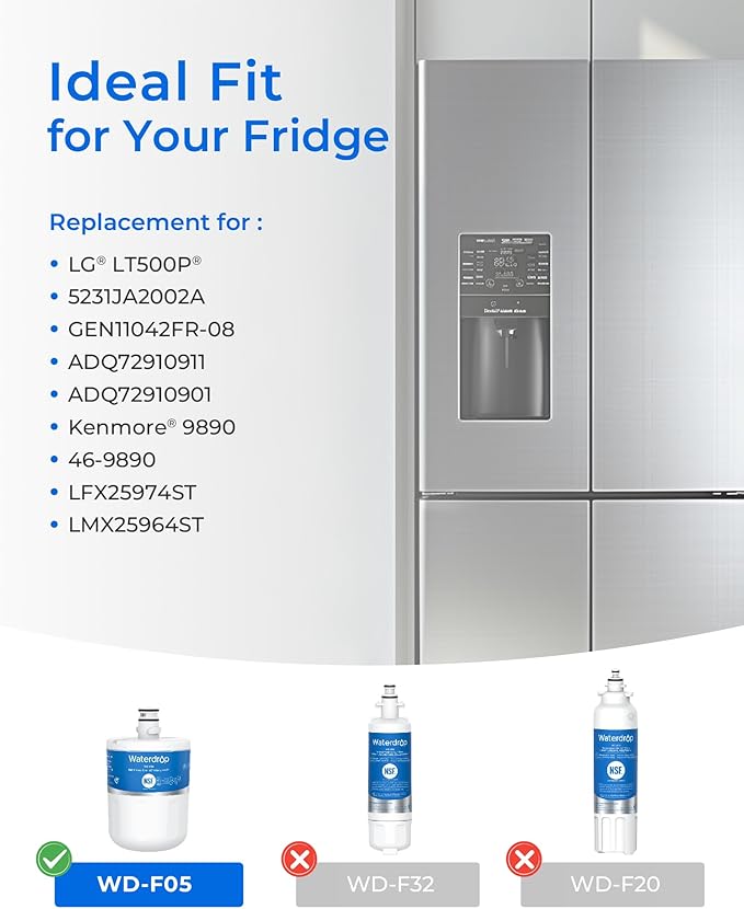 Waterdrop 5231JA2002A Refrigerator Water Filter, Replacement for LG® LT500P®, GEN11042FR-08, ADQ72910911, ADQ72910901, Kenmore® 9890, 46-9890, LFX25974ST, LMX25964ST, 4 Pack