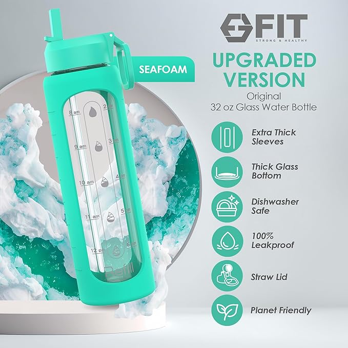FIT Strong & Healthy 32 oz Glass Water Bottle with Straw Lid, Time Marker, Sleeve & Extra Lid - Motivational, Wide Mouth 1 Liter Glass Drinking Bottle