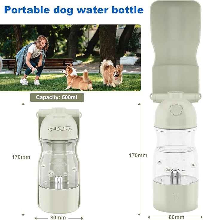 Portable Dog Water Bottle with Ozone Purification - Active Oxygen Puppy Water Bowl & Dispenser for Travel, (A-013B-white)