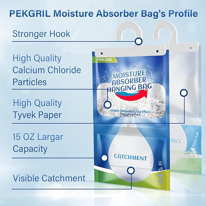 PEKGRIL Moisture Absorber Bags 10 Packs, 15 oz Hanging Dehumidifier Bags, Humidity Packs for Closet, Bathroom, Kitchen, 420g/Pack