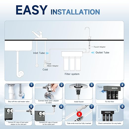 AQUALTRA USF-3F-15 Slightly Alkaline Under Sink Water Filtration System, 8K-40K Gallons with Faucet, 0.5 μm Carbon Fiber Filter Reduces Chlorine, Chloramine, Fluoride, Bad Taste & Odor
