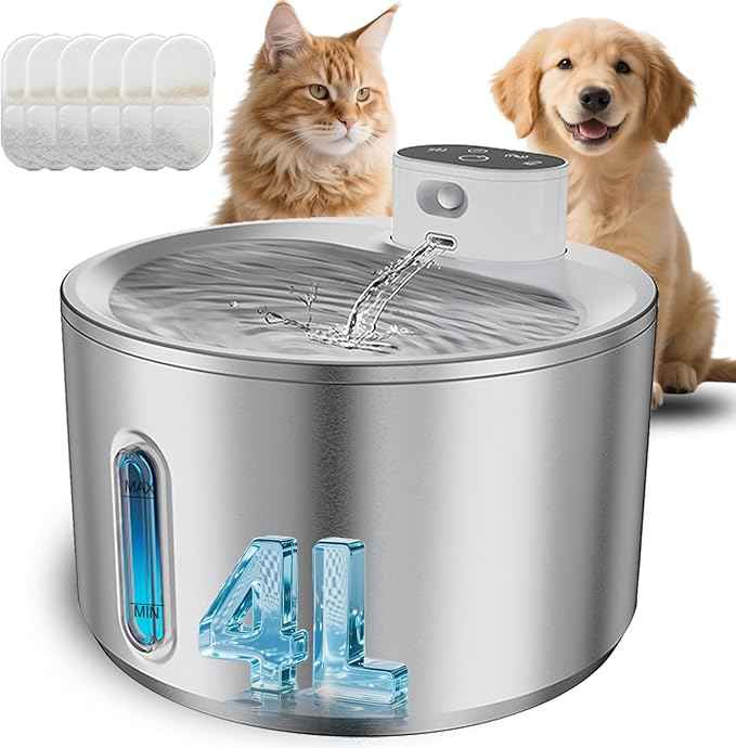 Cat Water Fountain Stainless Steel, 4L/135fl oz for Cats Dogs - Wireless Pet Water Dispenser Battery Operated with 5000mAh, Motion Sensor Activated, Ultra Quiet Pump, 6 Filters, Easy Clean Design