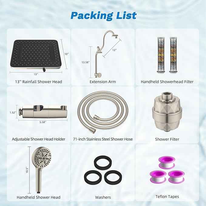 Hibbent 5-spray Dual Filtered Rainfall Shower Head Combo, High Pressure 13'' Showerhead with 10 Spray Mode Handheld, Easy Reach 4-way Diverter Arm with Pause Mode, 71'' Hose & Holder, Brushed Nickel