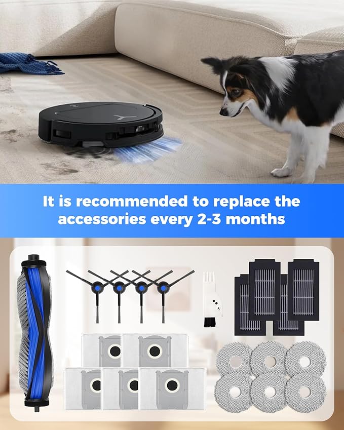 21 Pack Replacement Parts for ECOVACS DEEBOT T50 Omni/T50 PRO Omni Robot Vacuum Accessory Set, 1 Main Brush, 4 Side Brushes, 6 Mop Pads, 4 HEPA Filters, 5 Dust Bags, 1 Cleaning Brush - AquaVibe